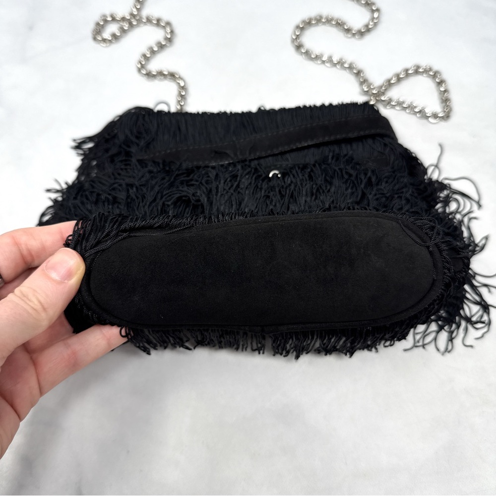 Christian Louboutin Belted Fringe Suede Crossbody Bucket Bag Chain Strap Black - Picture 5 of 13